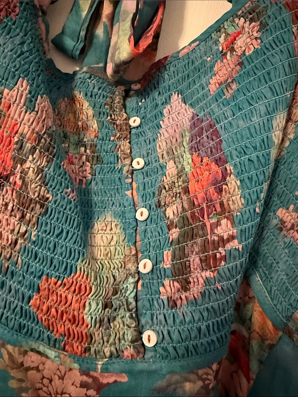 Anthro Anthropologie Teal Floral Smocked Maxi Dress Puff Sleeve Buttons 3X Plus - Picture 4 of 14